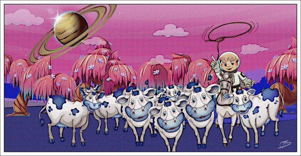 space cowboy drives herd of space cows