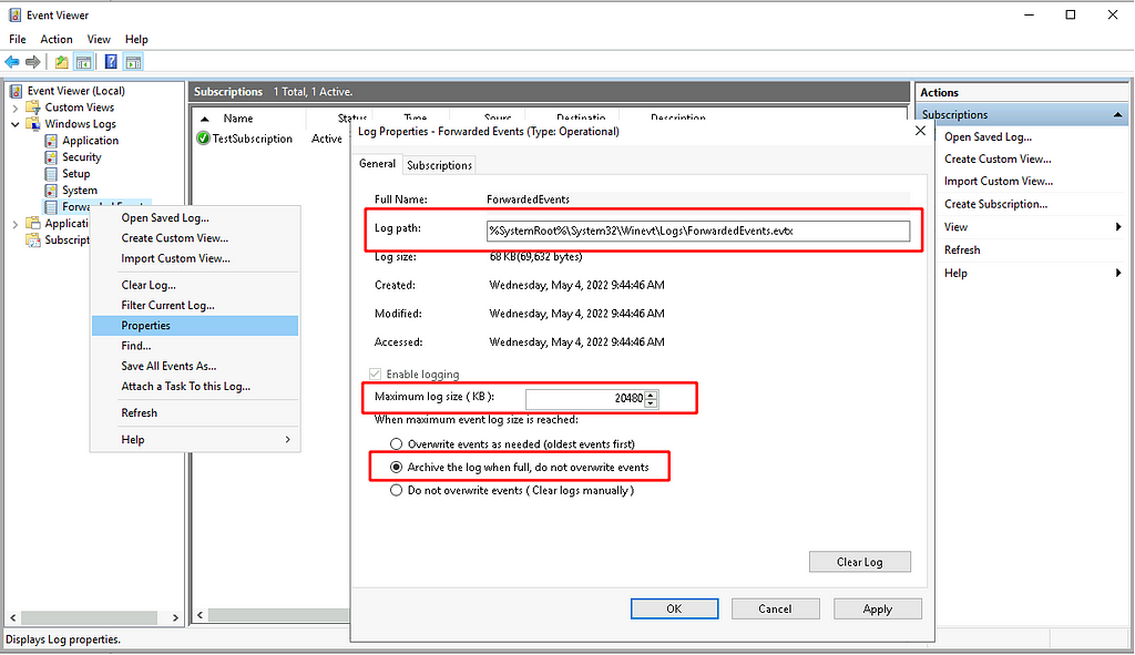 Viewing and setting the properties of the Forwarded Events channel