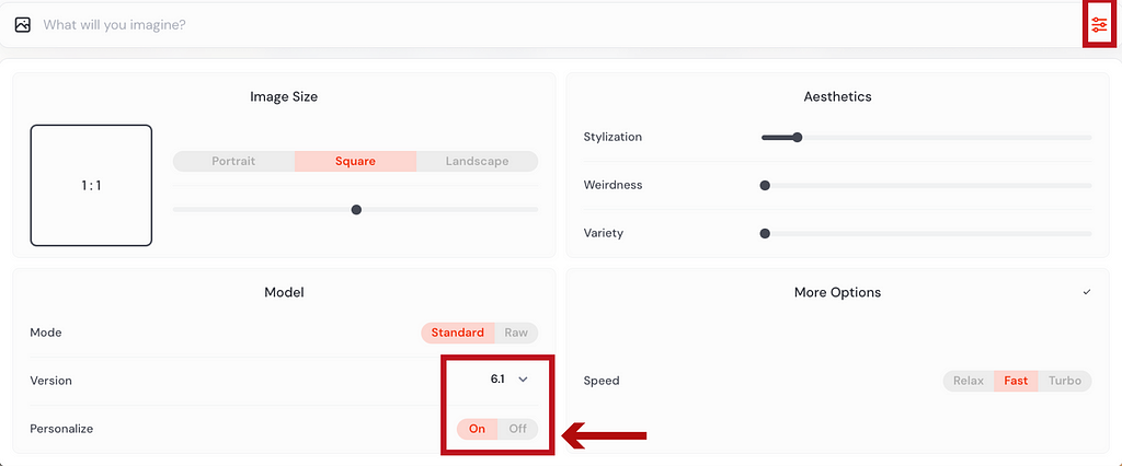 Settings on Midjourney website