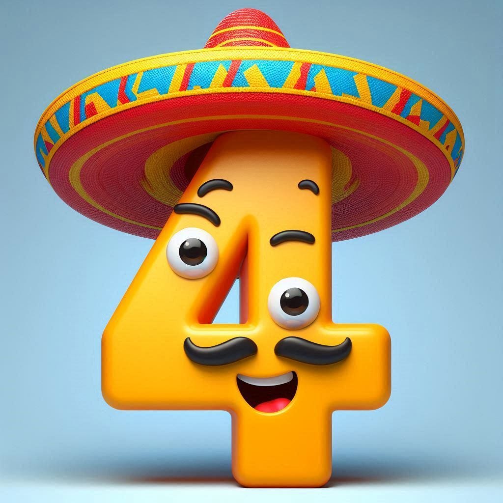 An emoji style light hearted image depicting a smiling number 4 wearing a stereotypical Mexican sombrero. Created using Microsofts AI imaging software