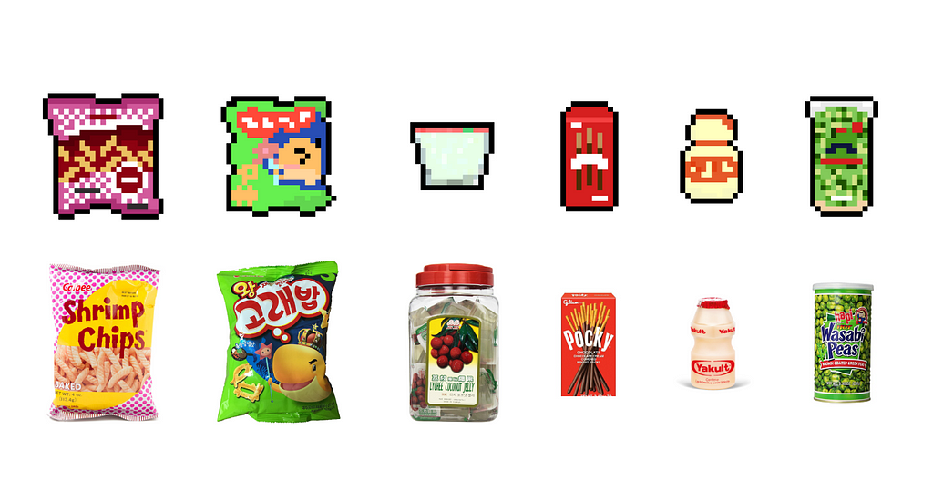Pixel art of popular Asian snacks: Shrimp Chips, Korean Seafood-shaped crackers, Lychee Jelly, Pocky, Yakult, and Wasabi Peas