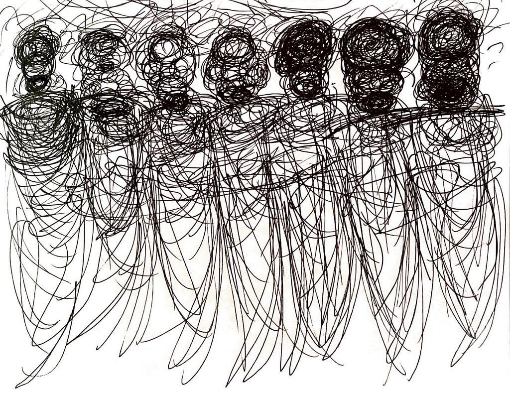 sketch of blank ghostly faces and scribbles