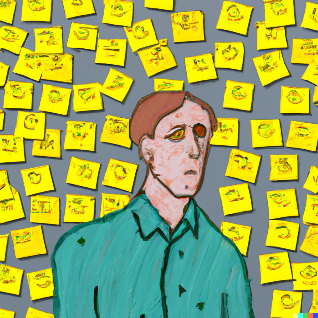 An AI generated image, in the style of a classic painting, showing a sad man in front of a wall full of post-its.