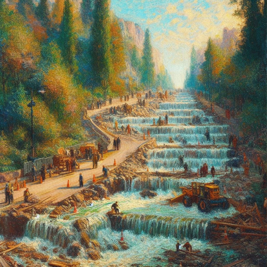 A painting of a waterfall being paved over by workers