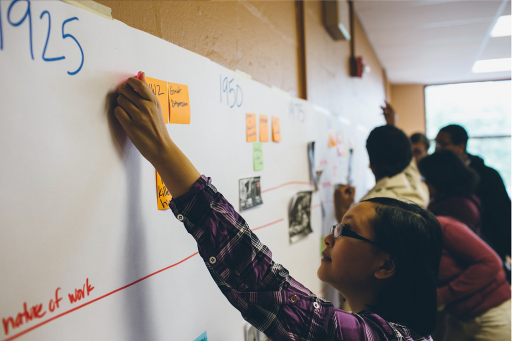 Youth girl placing a post-it note on a large timeline with the years 1925 and 1950 displayed