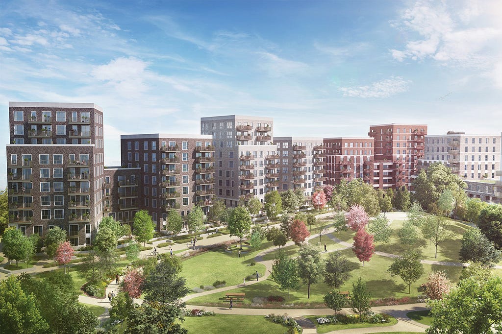 Architectural sketch of Blackwall Reach residental project, numerous high-rise buildings surrounding a green park