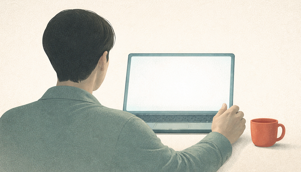 A person seen from behind sitting at a laptop with a blank glowing screen, a coffee mug beside them on the desk