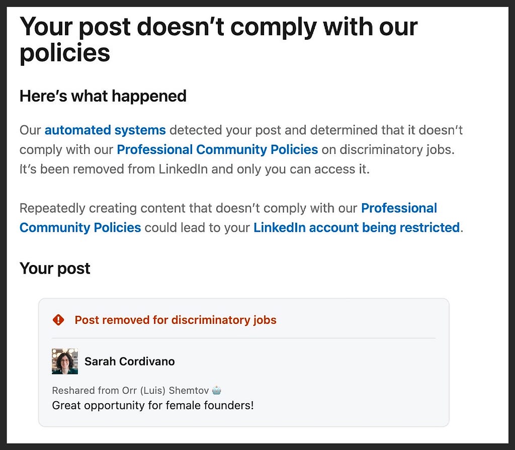An alert from LinkedIn that states “your post doesn’t comply with our policies”