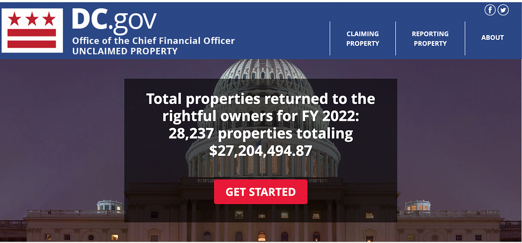 a screenshot of the DC unclaimed property website