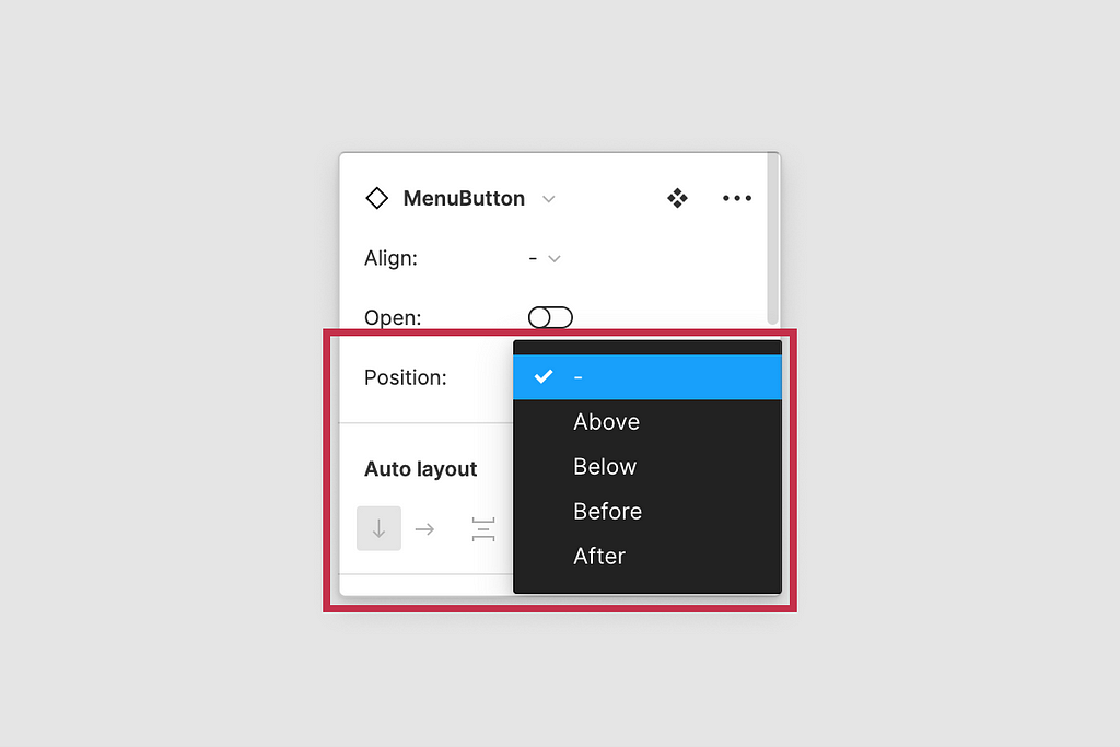 MenuButton controls inside Figma UI variants panel highlighting the “Position” prop