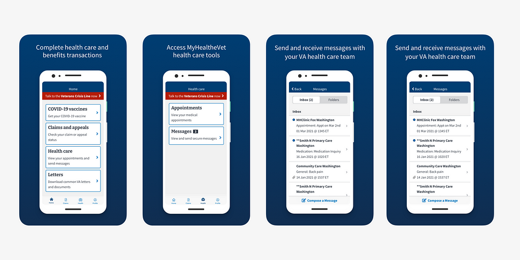 Screenshots of the Veterans Affairs Health & Benefits mobile app.