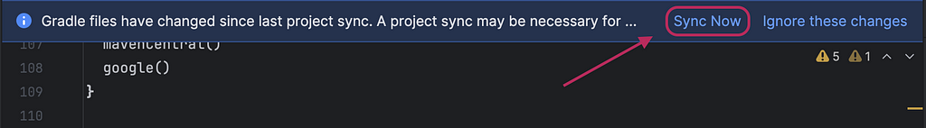 Screenshot of how to sync gradle changes