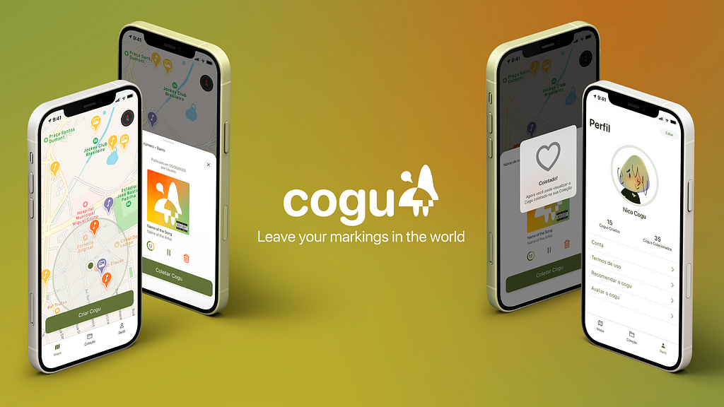 Four iPhones in angle, being two on the left and two on the right, with the cogu logo in the middle, written: "Leave your markings in the world". The iPhones are showing some screenshots of the app cogu, over a gradient that goes from green to orange.