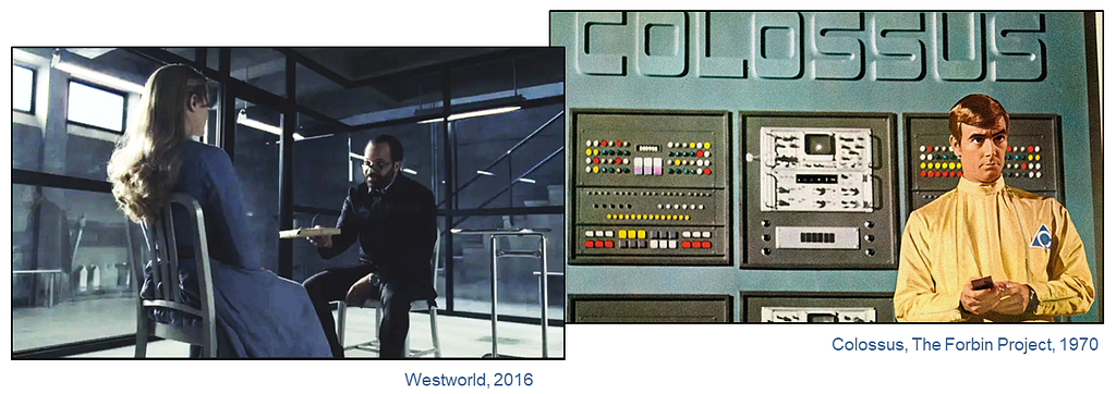 Robot psychologist from the TV Series, Westworld. Still from the 1966 movie, Colossus, The Forbin Project.