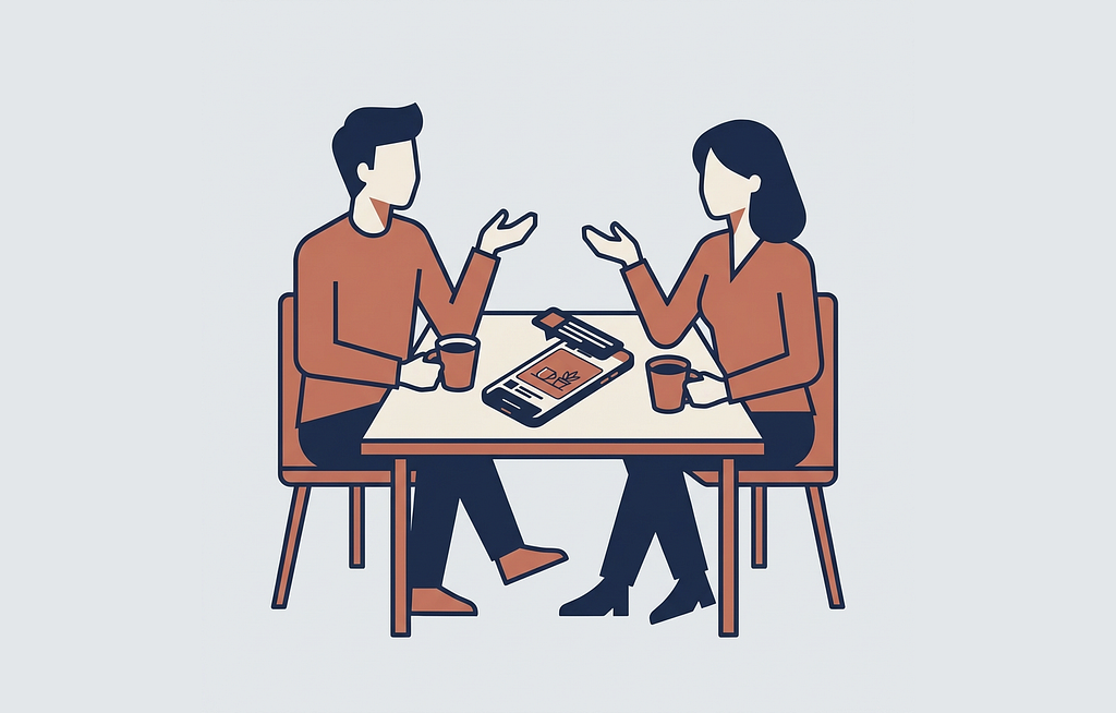 Flat vector illustration of two people sitting at a table in conversation, a smartphone face-up between them displaying an ad.