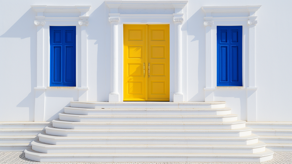 A white wall with a door and steps, in the style of gold and imperial blue, evoking the grandeur of Saint Petersburg’s architecture, Gerardo Dottori, Flickr, minimalist art, playful use of color, contrasting by Hanzo