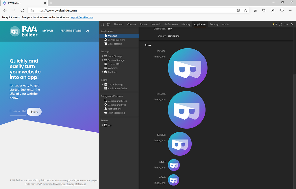 Application tab open on Developer tools in browser displaying manifest details