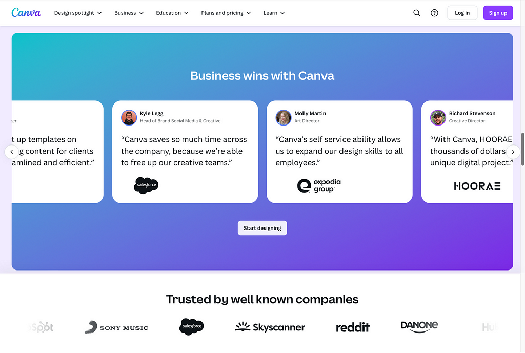 A screenshot of the Canva website homepage. It showcases a section titled “Business wins with Canva,” featuring testimonials from employees at Salesforce, Expedia, and HOORAE. Each testimonial highlights how Canva has improved efficiency and creativity within their respective companies.