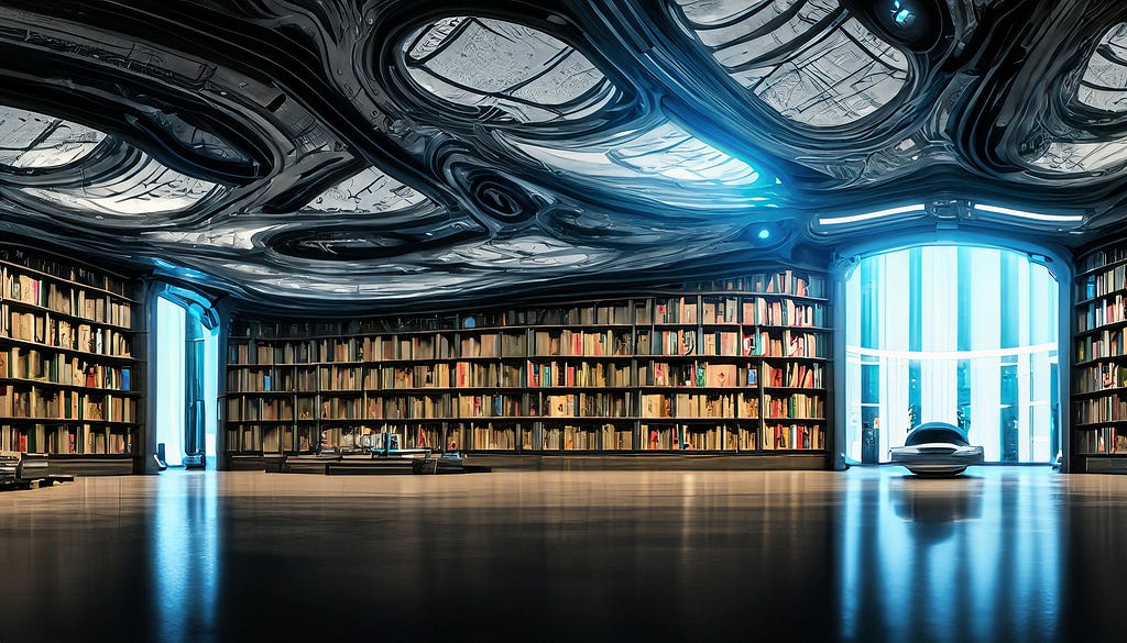 Picture of a futuristic library generated by Adobe Firefly