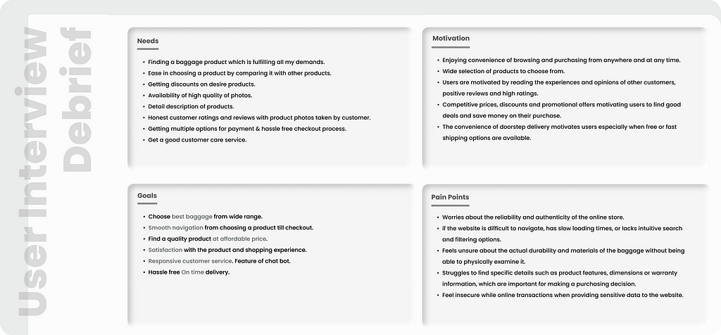 key findings from user research interviews conducted during the research phase of iterative design which includes user needs, motivation, goals and pain points