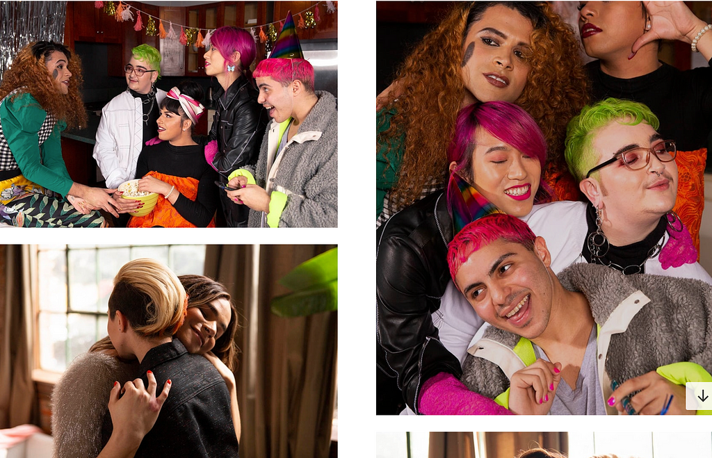 Example of stock photos from genderphotos.com of people of different genders hanging out with friends and embracing.