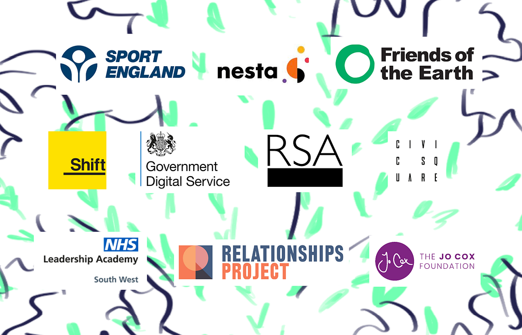 A zoom in on the illustration’s tree branches, with partner logos nestled in the leaves eg. Sport England, Nesta, Friends of the Earth, Shift, GDS, The RSA, Civic Square, NHS South West Leadership Academy, Relationships Project and the Jo Cox Foundation.