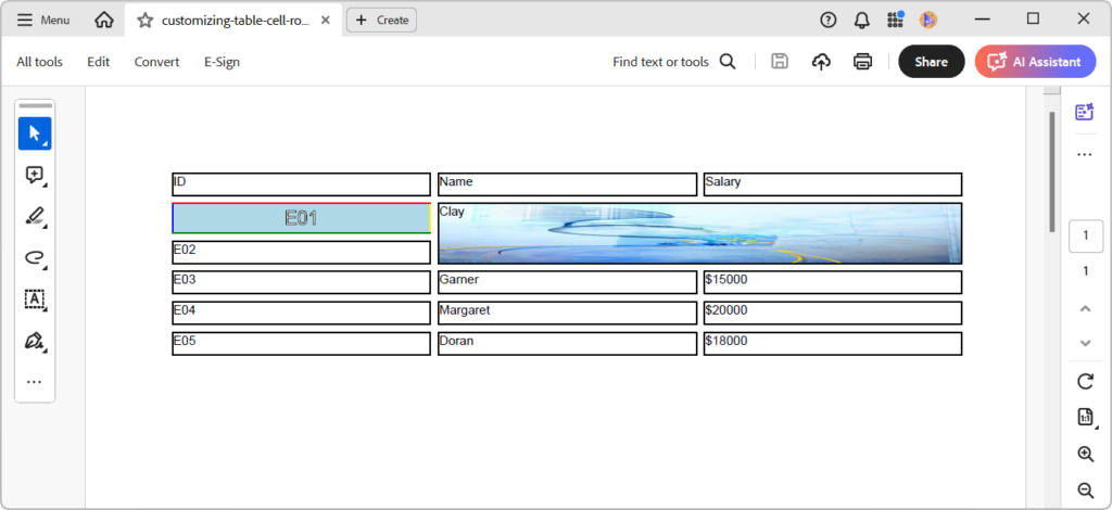 Customize cells in a PDF table using the .NET PDF Library