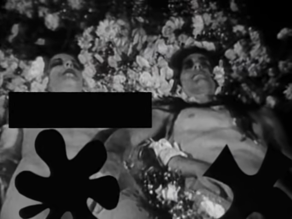 Screen cap from Mountain Song music video. Censored by MTV. Farrell and Niccoli nude, side by side, lying flat on their backs, immobile, surrounded by beds of cut flowers.