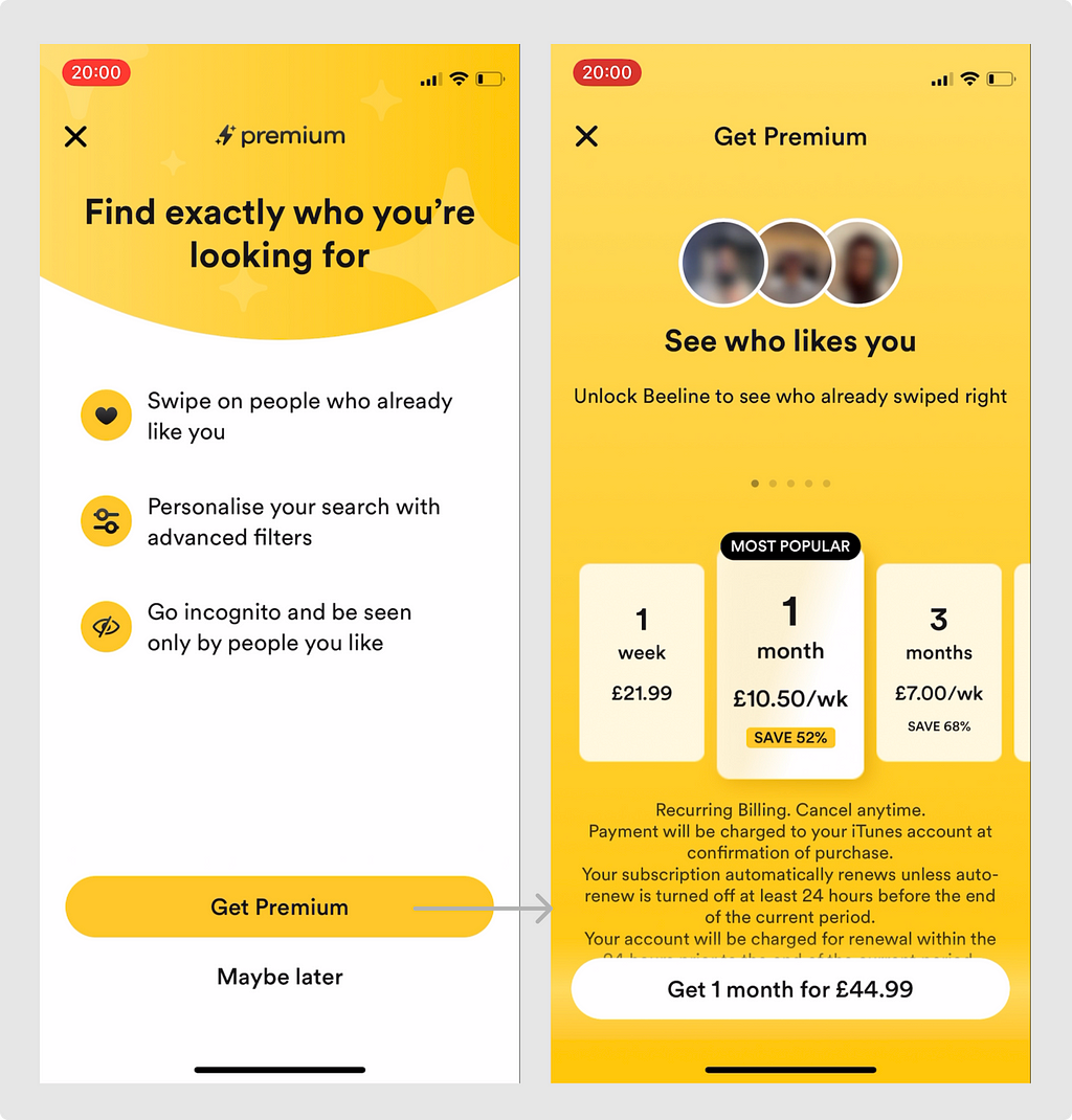 Screenshot of Bumble’s context screen highlighting the features of Premium as well as the upsell screen
