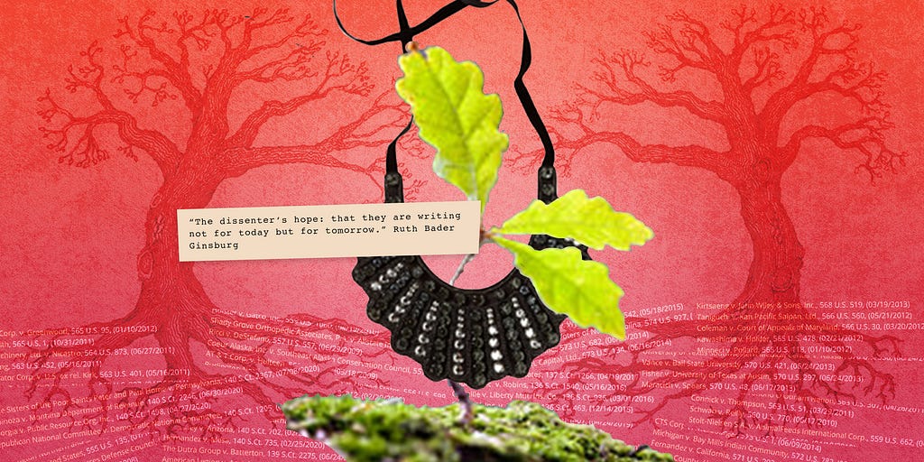 Photo collage of RBG’s dissenting collar with a sprouting seed and trees with the quote beginning, “The dissenter’s hope…”