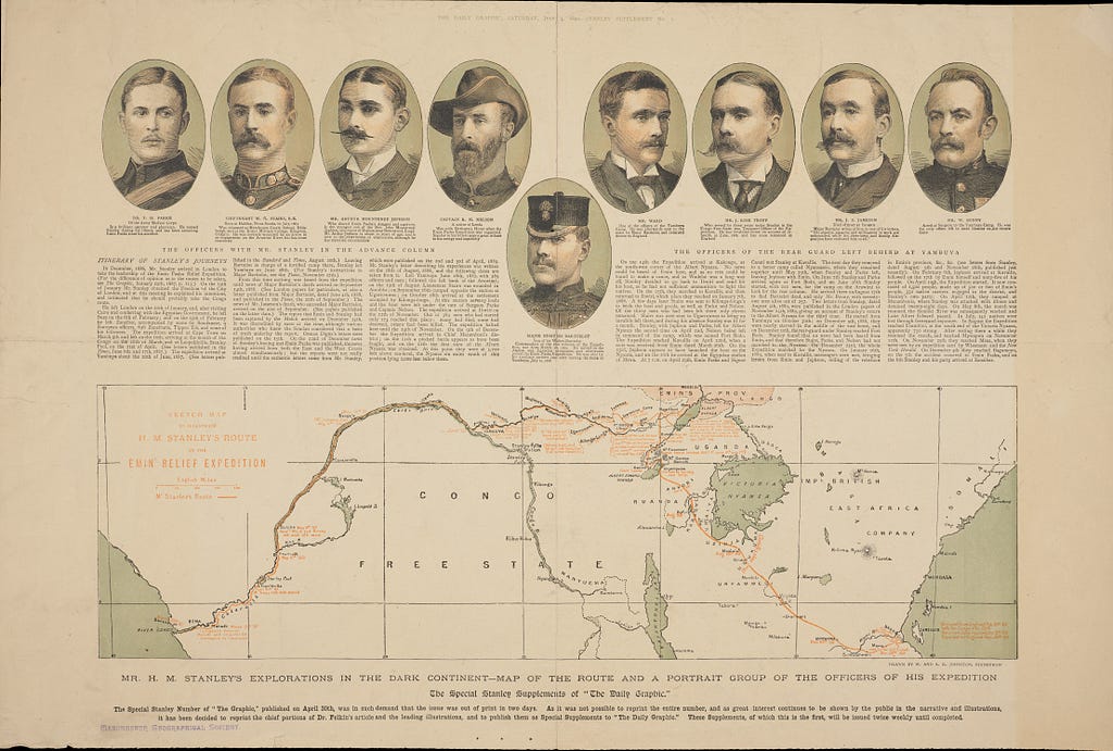 Fold out newspaper supplement showing the route of H.M. Stanley’s expeditions in Africa. The map is accompanied by text describing the expedition and nine portraits of officers who joined Stanley is his explorations.