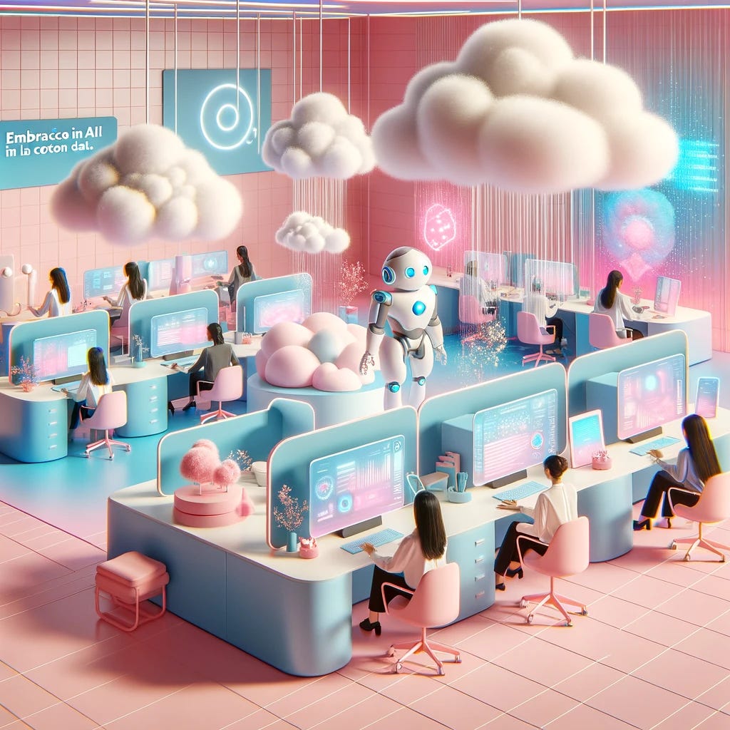 A vibrant, cotton candy-themed office with pastel pinks and blues, featuring sleek desks and holographic displays. AI robots interact with focused team members, evoking a harmonious blend of technology and design creativity.
