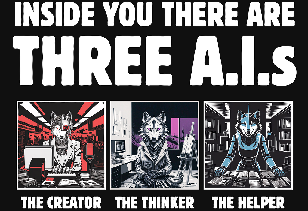 HEADLINE: Inside you there are three A.I.s. Images show The Creator (a red cyborg wolf), The Thinker (a purple cyborg wolf), and The Helper (a blue cyborg wolf).