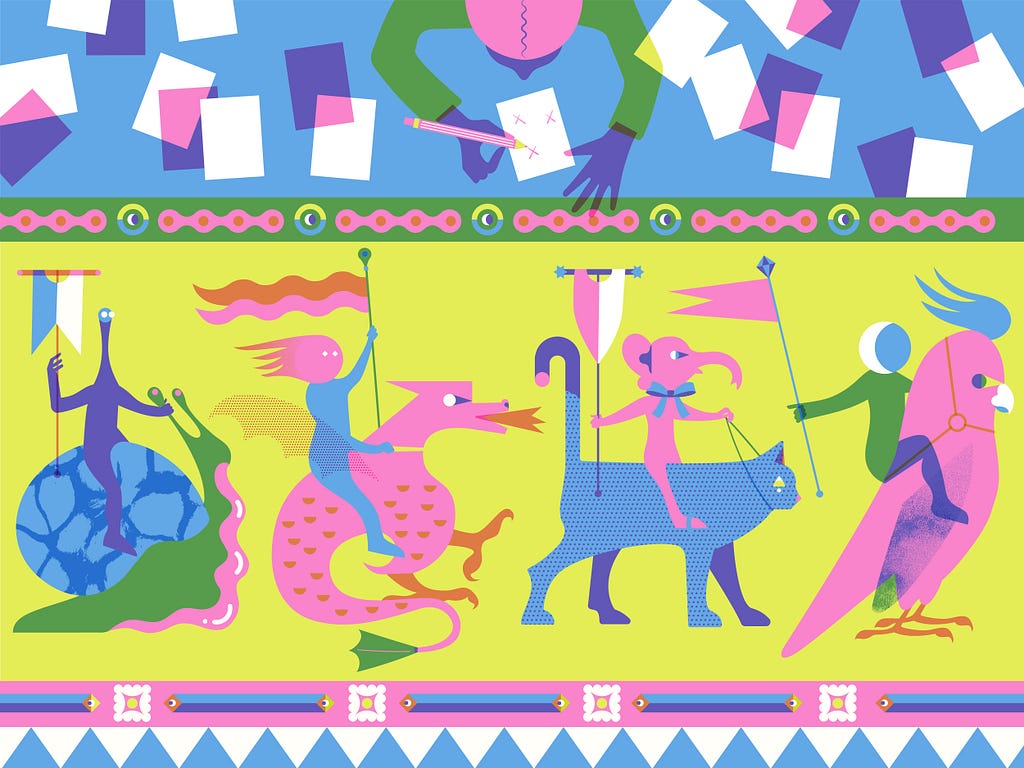 A two-panel digital illustration. In the top panel against a blue background is a from-the-top view of a seated purple person with pink hair, wearing a long-sleeve green shirt. They’re writing Xs on a sheet of paper with a pencil and additional pages are strewn around them. In the second panel is a parade of animals on a chartreuse background (from left to right, a green pink and blue snail, a pink dragon with a green tail, a blue and purple cat, and a pink parrot with a blue crest)