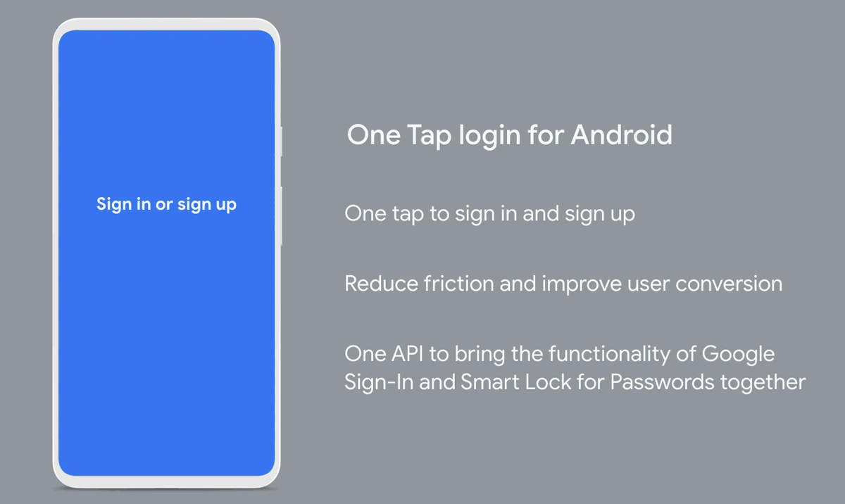 Gif: Animated demo. One Tap to sign in and sign up. Reduce friction and improve conversion. Google Sign-In and Smart Lock.