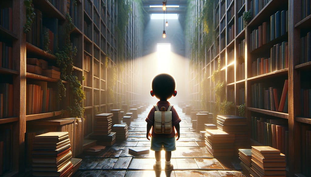 The image features a small boy in a setting that suggests learning, growth, and the beginning of a journey.