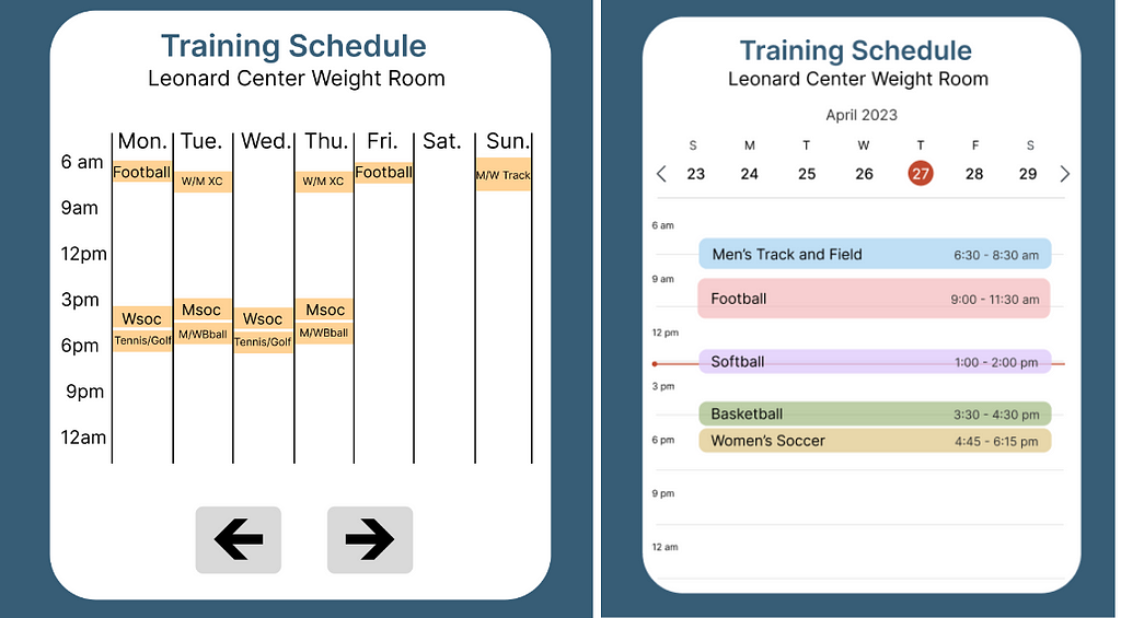 Before and after training schedule box/widget on the app prototype, to be IOS designed based.