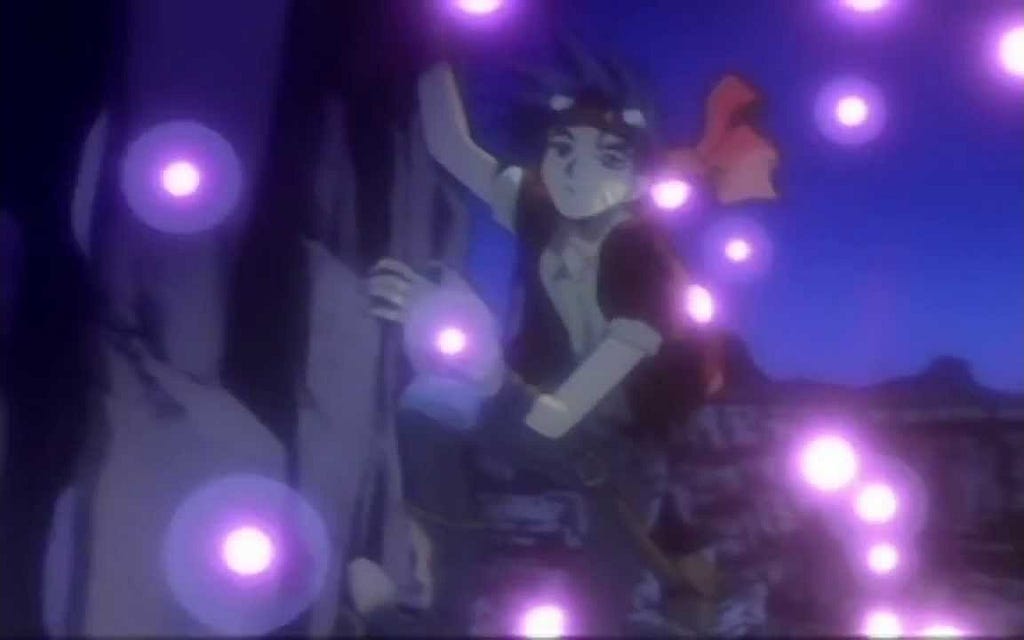 An image from the introduction animation in Wild Arms showing Rudy climbing a cliff while purple magic orbs slowly float up to him from below.