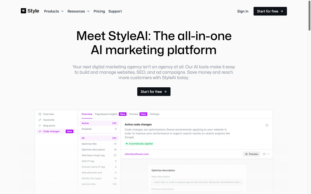 Landing page screenshot: StyleAI