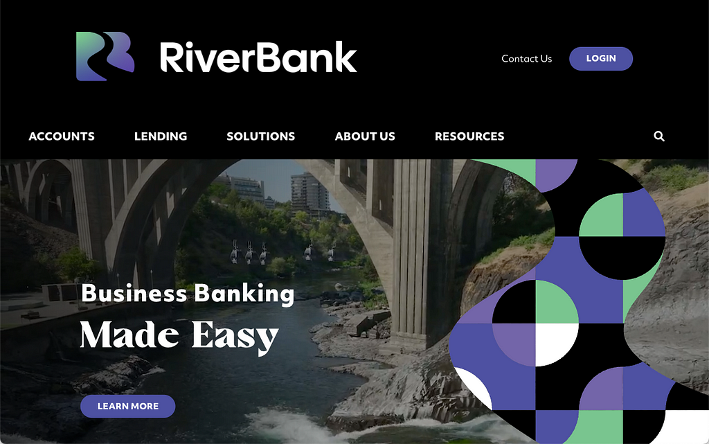 The homepage of riverbankonline.com, which has a large green and purple river graphic overlayed on a video of a bridge. The words “Busines Banking Made Easy” sit to the left over a call-to-action button.