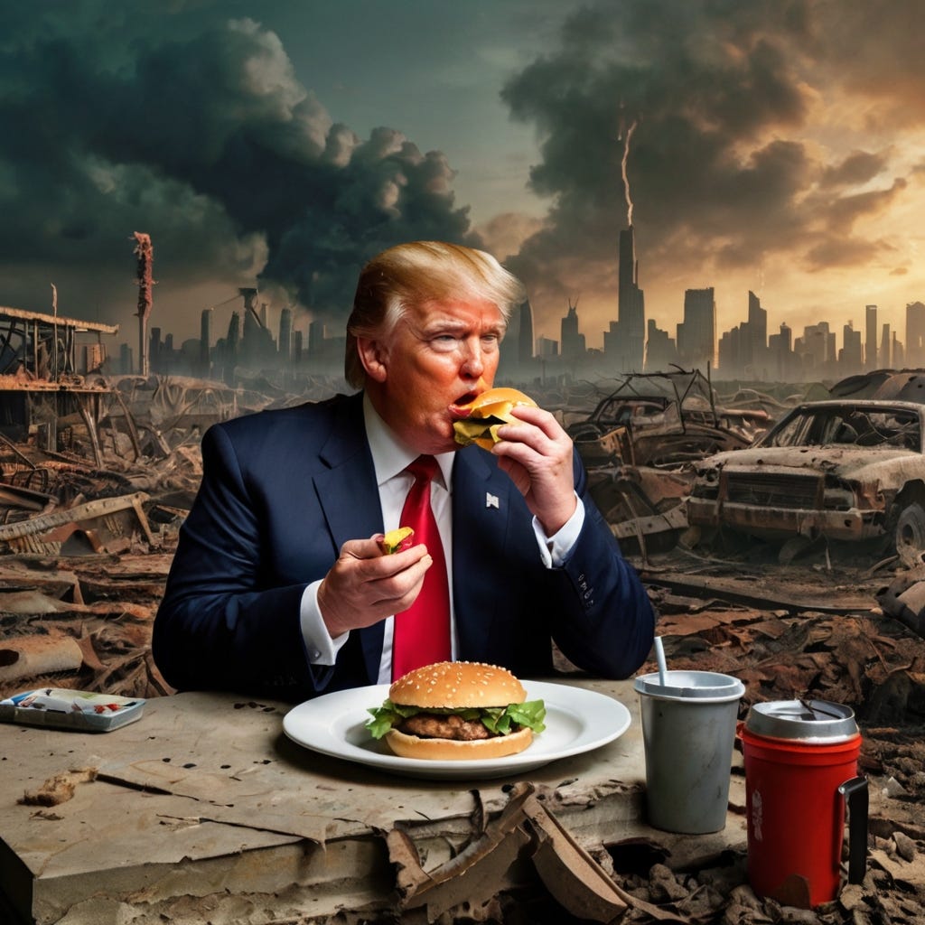 Trump eating a hamburger, behind him an apocalyptic wasteland