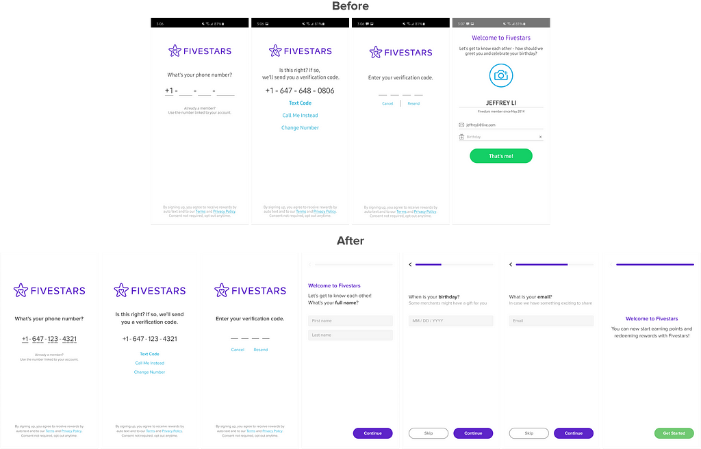 A comparison image of the old signup flow and the redesigned version.
