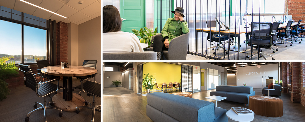 Images of Ascender’s coworking space including a private conference room, two entrepreneurs having a meeting, and a large event space.