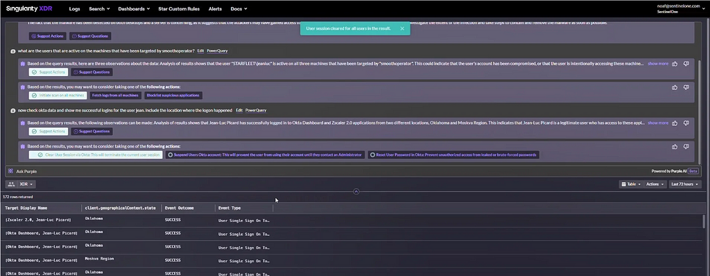 A screenshot of SentinelOne’s PurpleAI product providing a chat experience for incident response and threat investigation