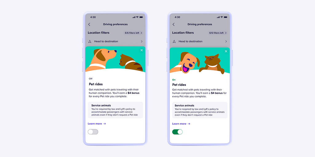 Screenshots of Lyft’s Driver App, Driver can toggle to opt-in to Pet Rides