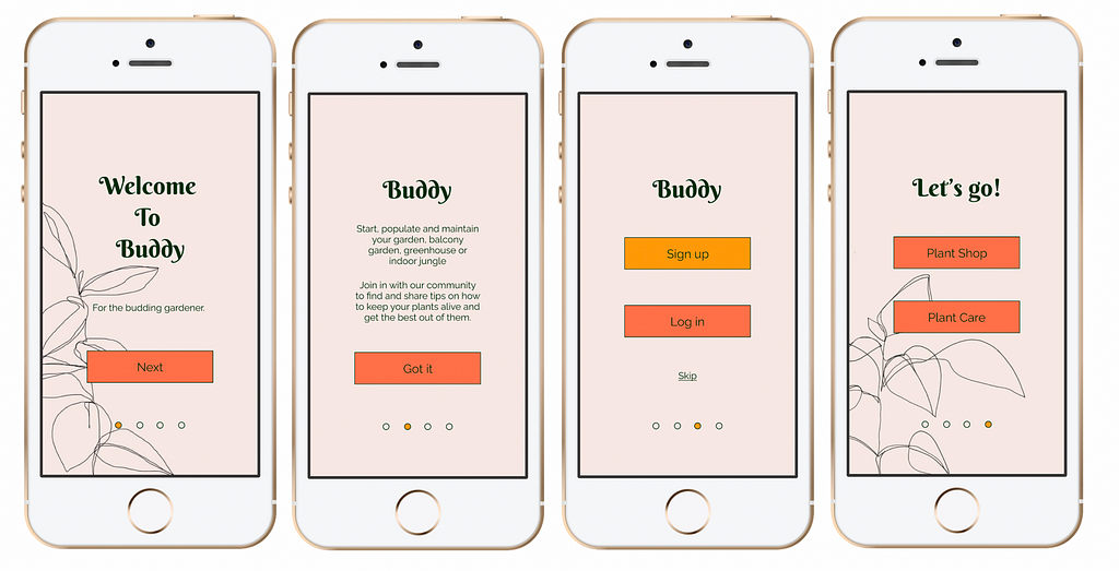 Four iPhone mock-ups, showing the four-step on-boarding process of the app.