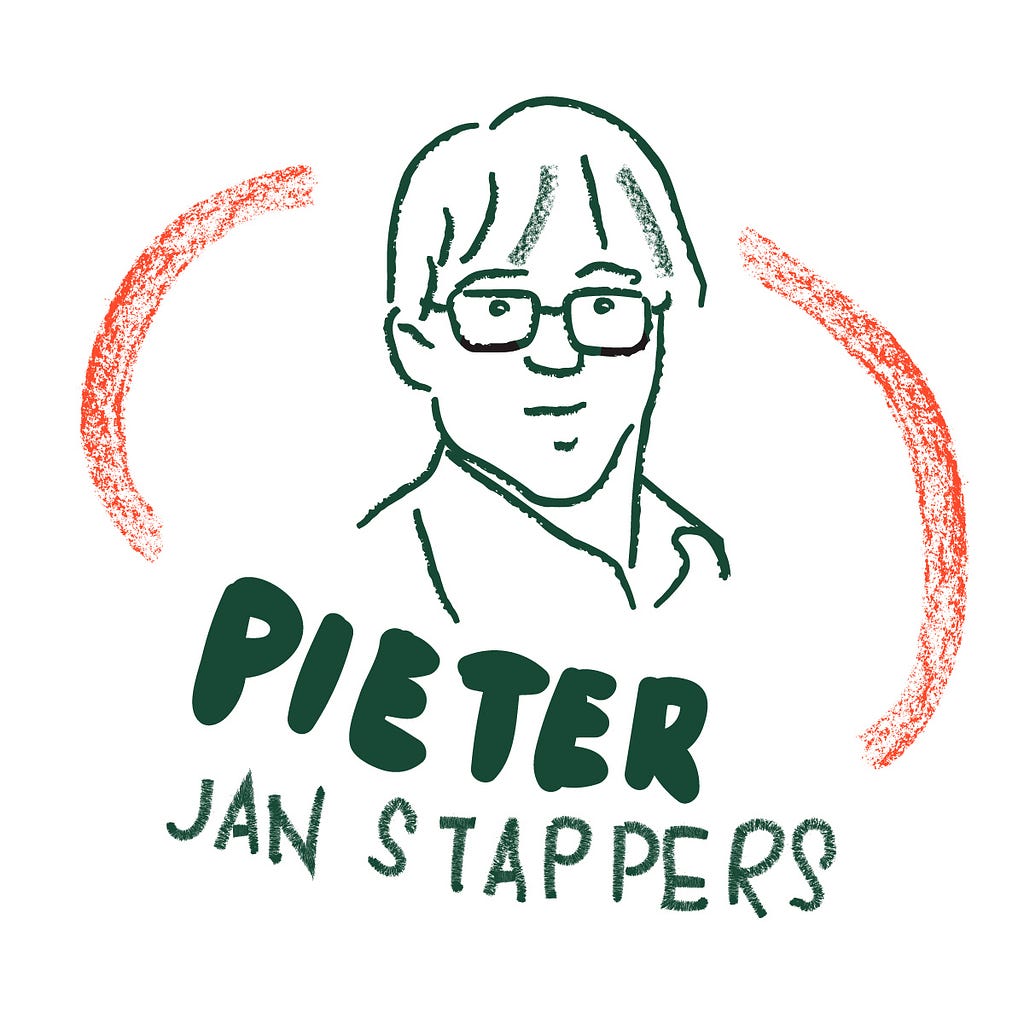 Sketch of Pieter Jan Stappers, looking over one shoulder long fringe and glasses