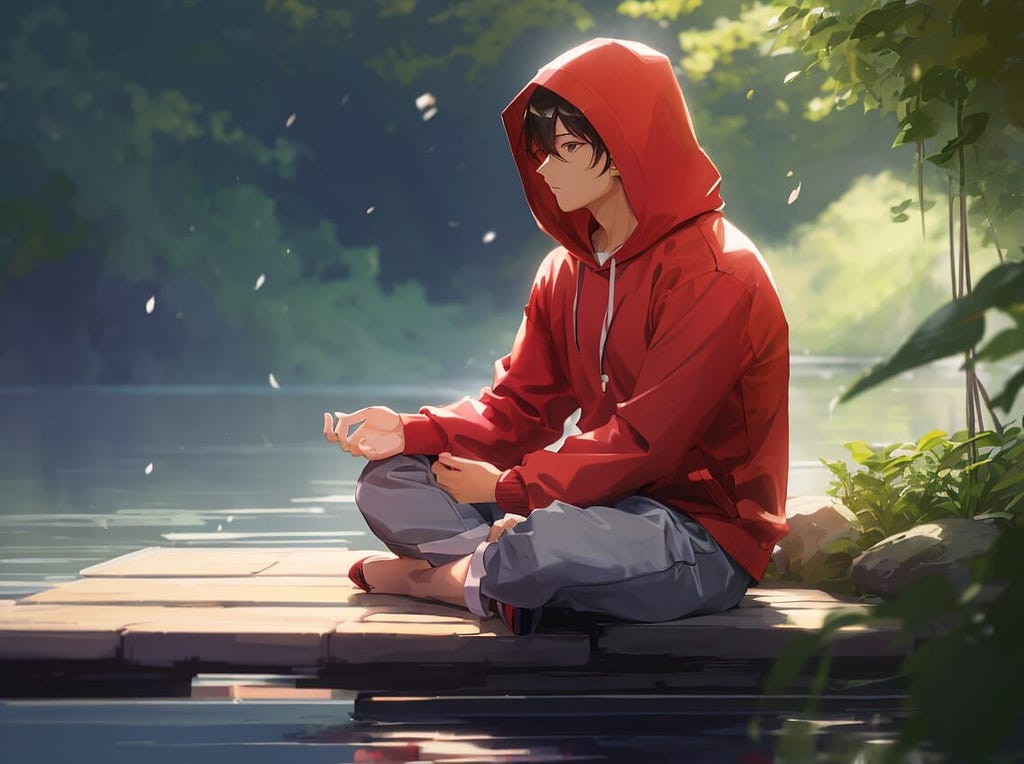 An anime-guy sitting outside in a red hoodie peacefully