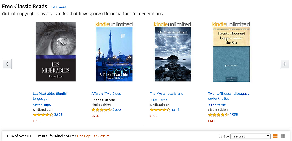A screenshot from Amazon about their free classics program