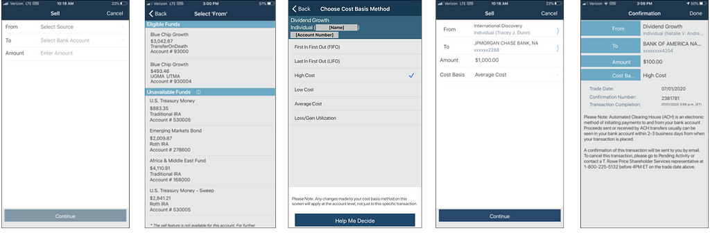 Screenshots of the legacy sell transaction flow.